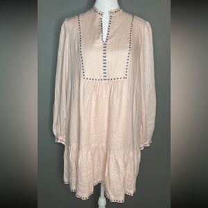 NWT! Magaschoni 100% Linen Pink Kiss Embroidered Long-Sleeve Tunic Dress -Size S